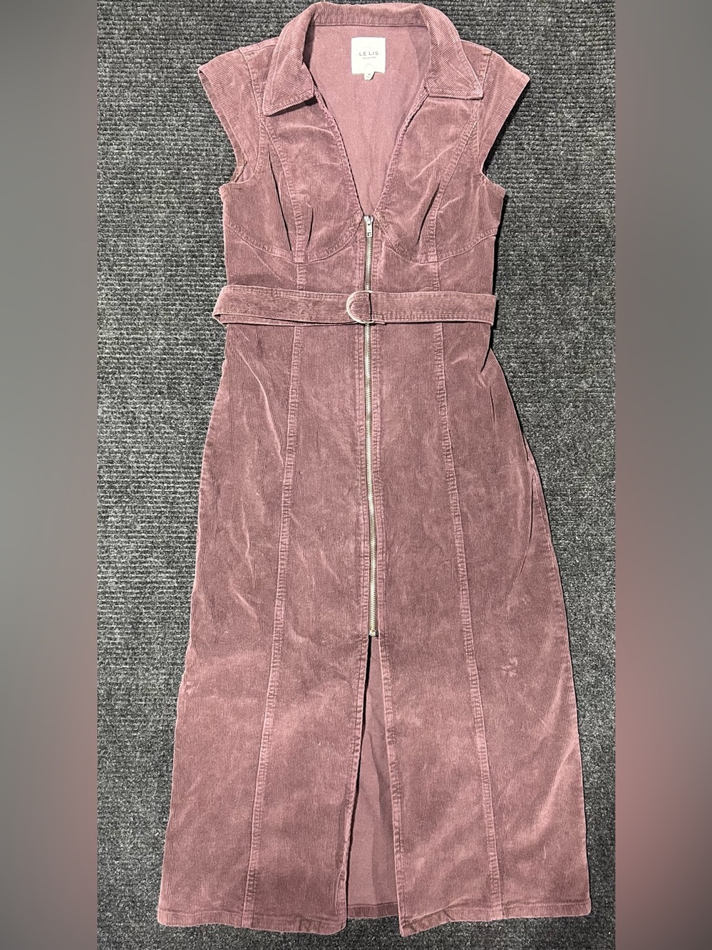Le Lis Burgundy Corduroy Zip Up Midi Dress with Belt